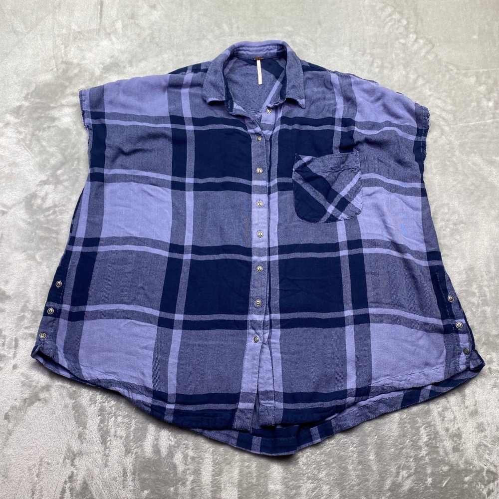 Free People Blue Purple Plaid Button Down Short Sleeve Flannel Shirt S Western